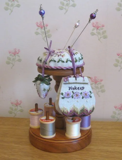 Embroidered Victorian pincushion on spindle stand by Victoria Sampler